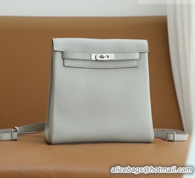 Top Grade Hermes Kelly Ado Backpack 22cm in Taurillon Clemence Leather H2111 Gris Perle/Silver 2026 (Half Handmade)