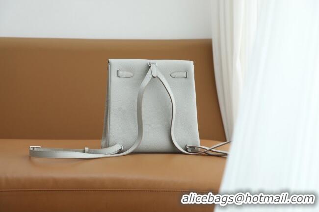 Top Grade Hermes Kelly Ado Backpack 22cm in Taurillon Clemence Leather H2111 Gris Perle/Silver 2026 (Half Handmade)