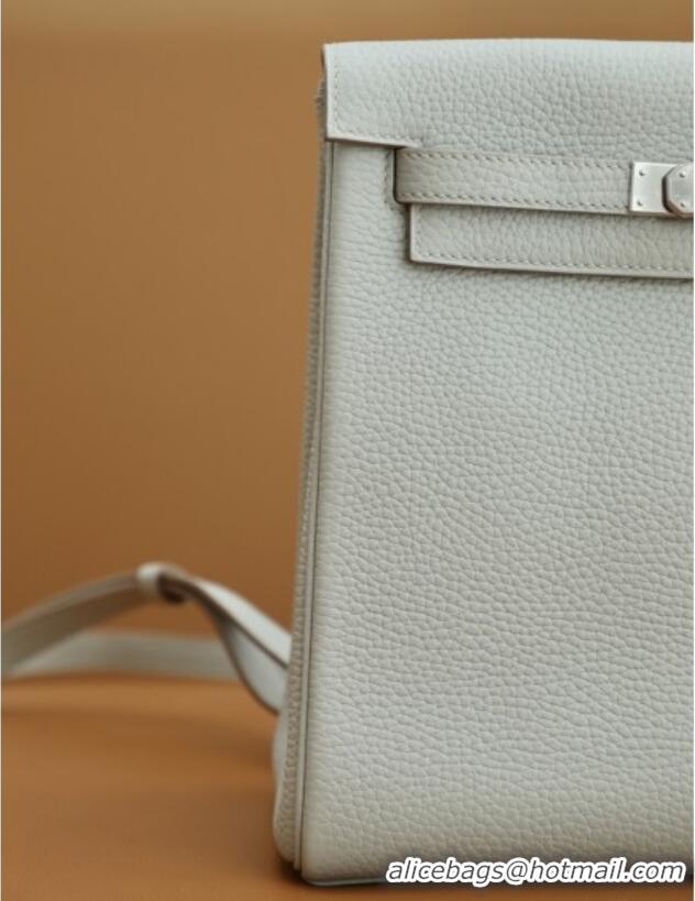 Top Grade Hermes Kelly Ado Backpack 22cm in Taurillon Clemence Leather H2111 Gris Perle/Silver 2026 (Half Handmade)