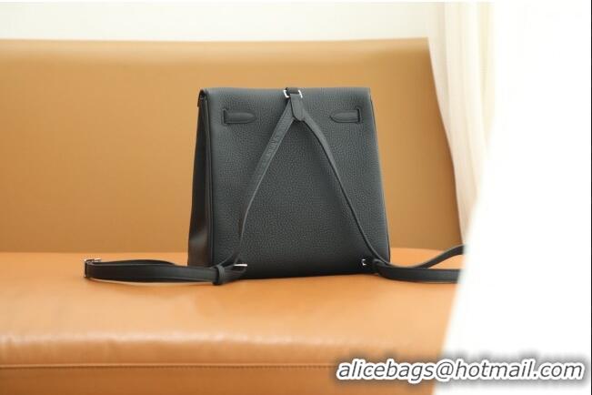 Most Popular Hermes Kelly Ado Backpack 22cm in Taurillon Clemence Leather H2111 Black/Silver 2026 (Half Handmade)