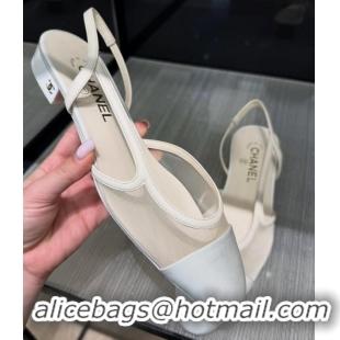 Top Grade Chanel Lambskin and Mesh Slingback Pumps CH030415 White 2026