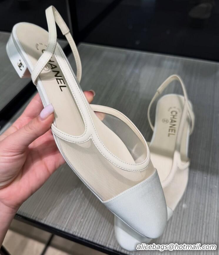 Top Grade Chanel Lambskin and Mesh Slingback Pumps CH030415 White 2026