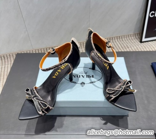 Good Quality Prada Leather Bow Heel Sandals 8.5cm 1X196O Black  2026