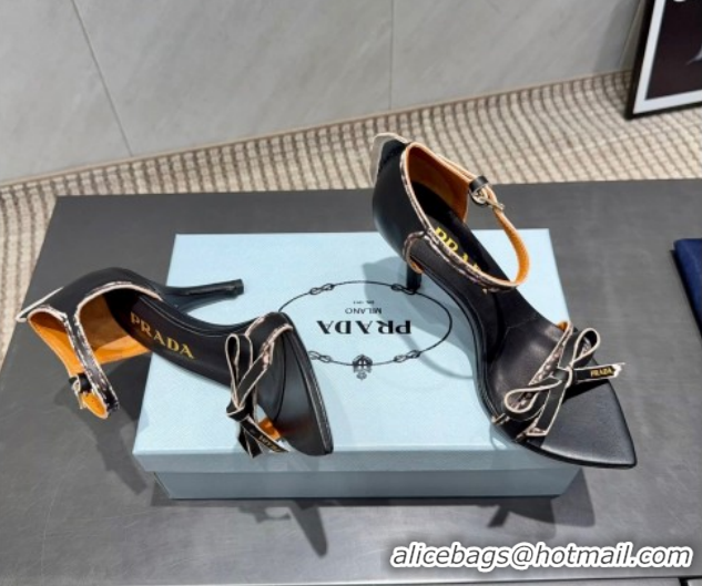 Good Quality Prada Leather Bow Heel Sandals 8.5cm 1X196O Black  2026