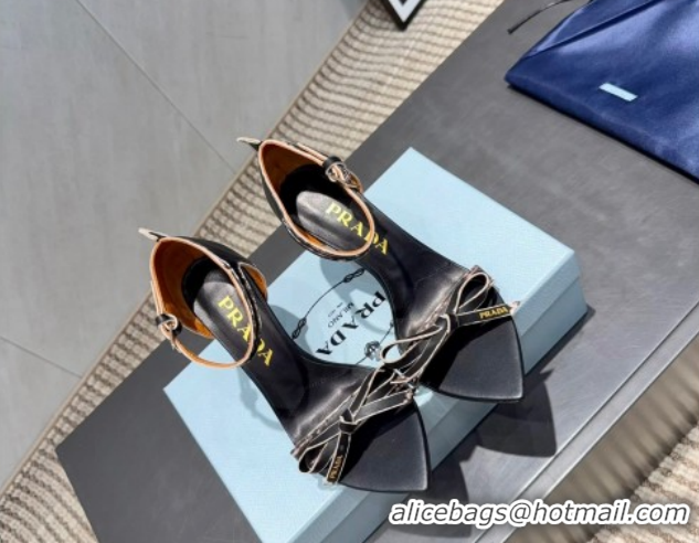Good Quality Prada Leather Bow Heel Sandals 8.5cm 1X196O Black  2026