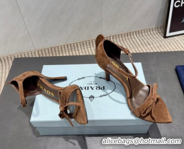 Classic Hot Prada Suede Bow Heel Sandals 8.5cm Brown 1X196O 1205004 2026