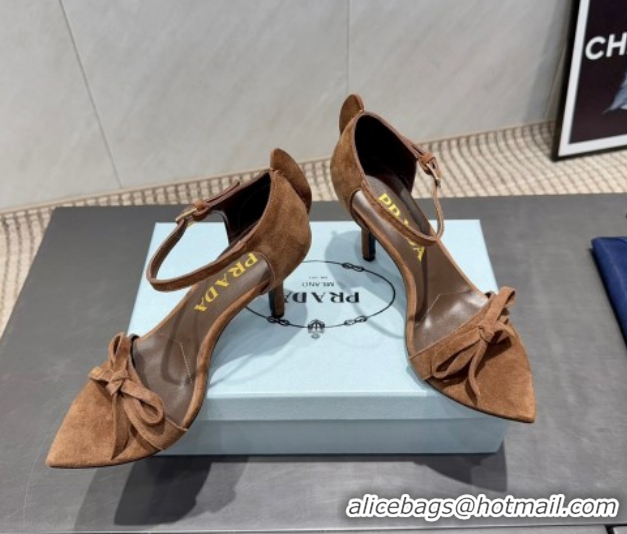 Classic Hot Prada Suede Bow Heel Sandals 8.5cm Brown 1X196O 1205004 2026
