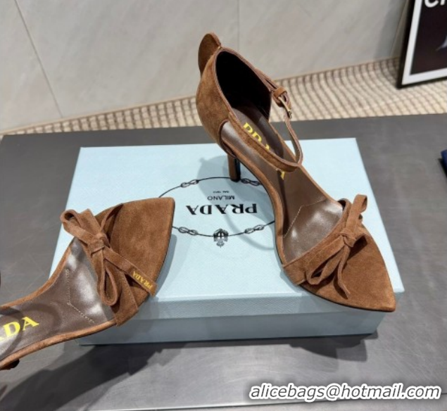 Classic Hot Prada Suede Bow Heel Sandals 8.5cm Brown 1X196O 1205004 2026
