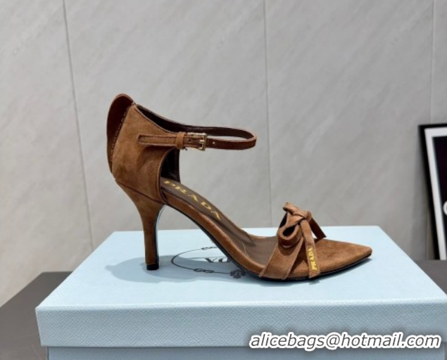 Classic Hot Prada Suede Bow Heel Sandals 8.5cm Brown 1X196O 1205004 2026