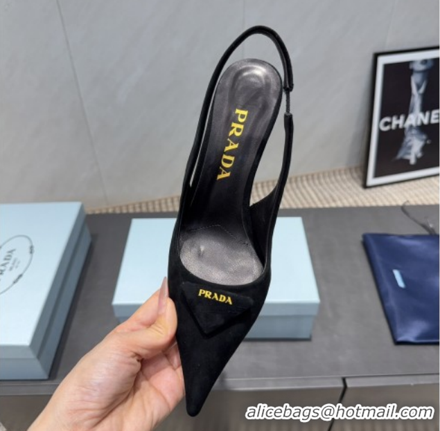Shop Duplicate Prada Suede Heel Slingbacks Pump 8.5cm Black PR120501 1205024 2026