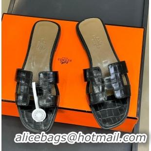 ​Discount Hermes Oran Classic Flat Slides Sandal in Stone Embossed Calfskin H081803 Black 2025