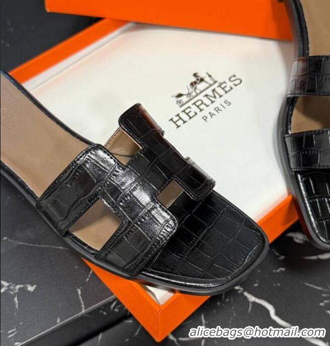 ​Discount Hermes Oran Classic Flat Slides Sandal in Stone Embossed Calfskin H081803 Black 2025