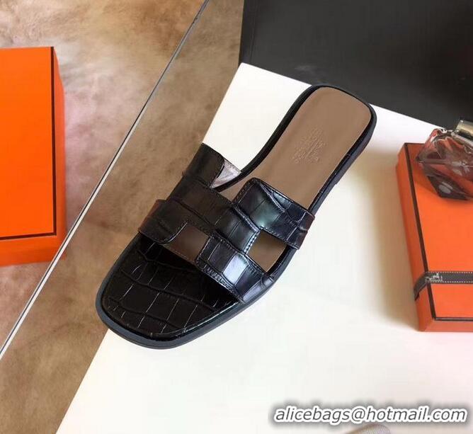 ​Discount Hermes Oran Classic Flat Slides Sandal in Stone Embossed Calfskin H081803 Black 2025