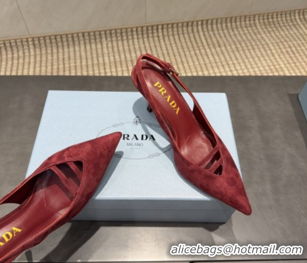 Luxurious Prada Suede Heel Slingbacks Pump 7.5cm Red PR120601 1206002 2026