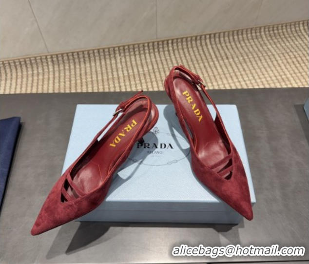 Luxurious Prada Suede Heel Slingbacks Pump 7.5cm Red PR120601 1206002 2026
