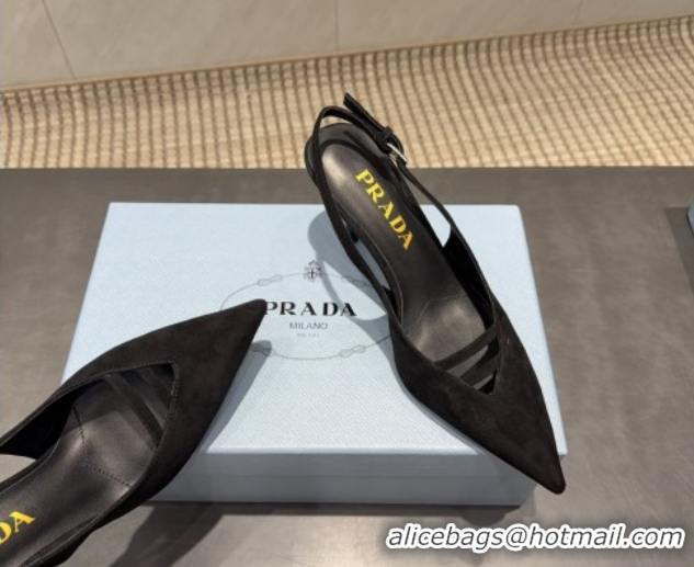 Popular Style Prada Suede Heel Slingbacks Pump 7.5cm Black PR120601 1206003 2026