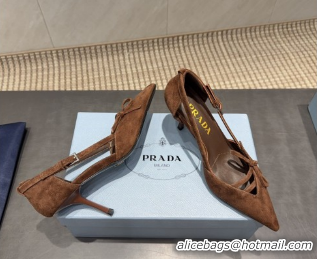 Best Price Prada Suede Heel Pumps 7.5cm with Bow Buckle Brown PR120602 1206008 2026