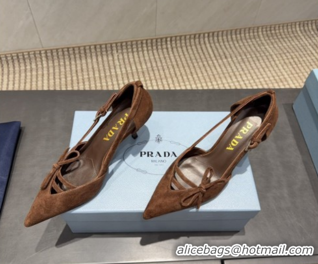 Best Price Prada Suede Heel Pumps 7.5cm with Bow Buckle Brown PR120602 1206008 2026