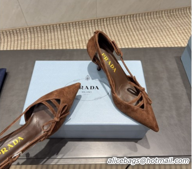 Best Price Prada Suede Heel Pumps 7.5cm with Bow Buckle Brown PR120602 1206008 2026