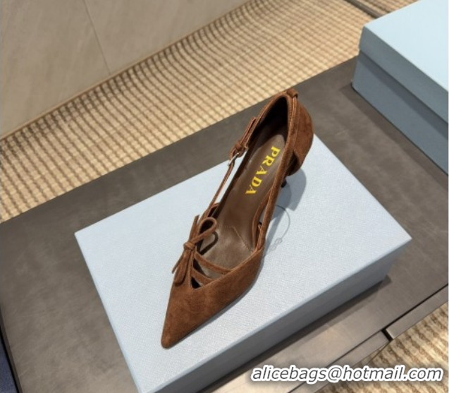 Best Price Prada Suede Heel Pumps 7.5cm with Bow Buckle Brown PR120602 1206008 2026