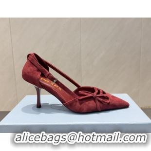 Purchase Prada Suede Heel Pumps 7.5cm with Bow Buckle Red 2025 PR120602 1206009 2026