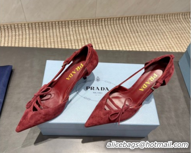 Purchase Prada Suede Heel Pumps 7.5cm with Bow Buckle Red 2025 PR120602 1206009 2026