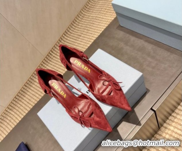 Purchase Prada Suede Heel Pumps 7.5cm with Bow Buckle Red 2025 PR120602 1206009 2026