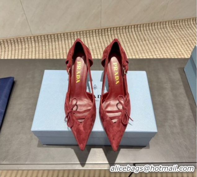 Purchase Prada Suede Heel Pumps 7.5cm with Bow Buckle Red 2025 PR120602 1206009 2026