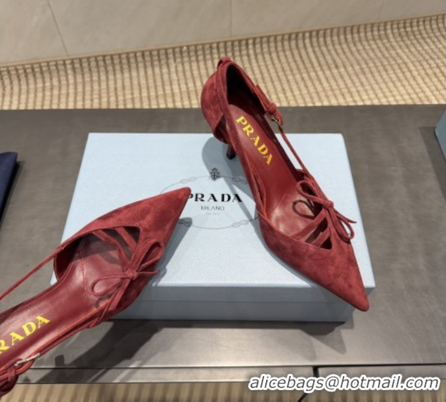 Purchase Prada Suede Heel Pumps 7.5cm with Bow Buckle Red 2025 PR120602 1206009 2026