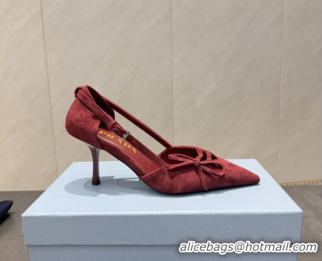 Purchase Prada Suede Heel Pumps 7.5cm with Bow Buckle Red 2025 PR120602 1206009 2026