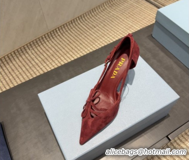 Purchase Prada Suede Heel Pumps 7.5cm with Bow Buckle Red 2025 PR120602 1206009 2026