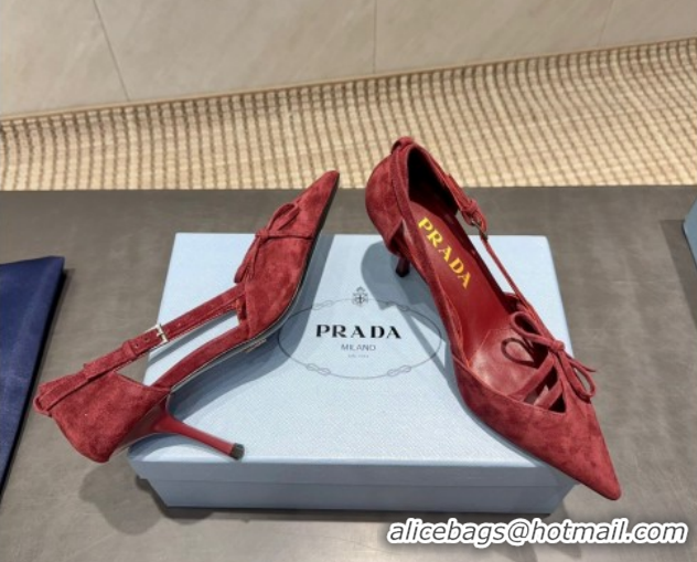 Purchase Prada Suede Heel Pumps 7.5cm with Bow Buckle Red 2025 PR120602 1206009 2026