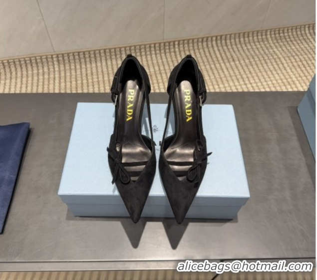 Good Quality Prada Suede Heel Pumps 7.5cm with Bow Buckle Black 2025 PR120602 1206010 2026