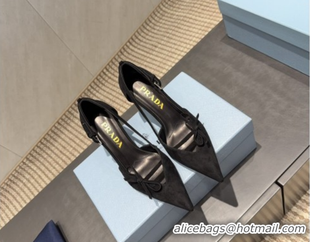 Good Quality Prada Suede Heel Pumps 7.5cm with Bow Buckle Black 2025 PR120602 1206010 2026