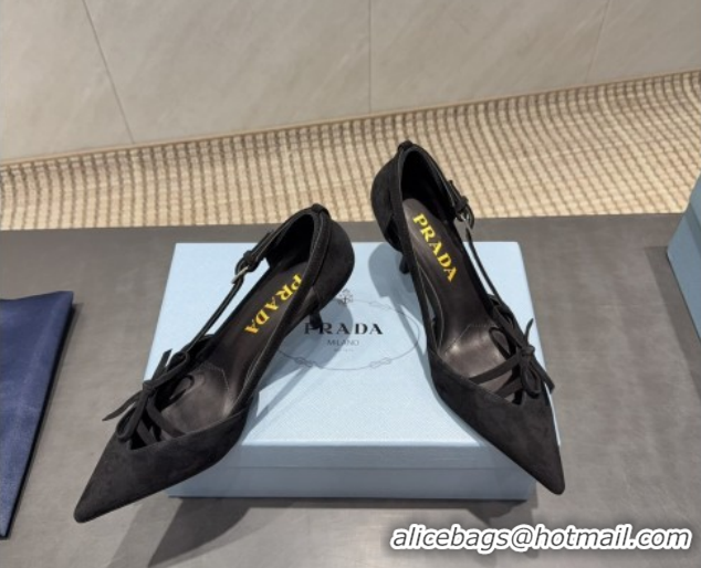 Good Quality Prada Suede Heel Pumps 7.5cm with Bow Buckle Black 2025 PR120602 1206010 2026