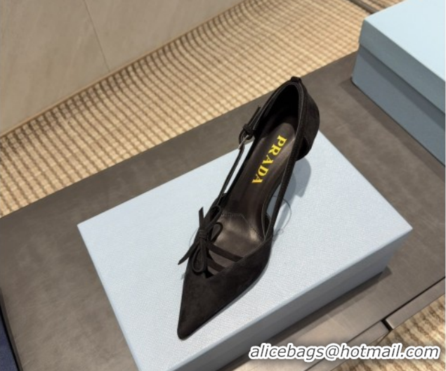 Good Quality Prada Suede Heel Pumps 7.5cm with Bow Buckle Black 2025 PR120602 1206010 2026