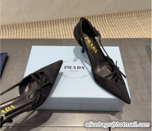 Good Quality Prada Suede Heel Pumps 7.5cm with Bow Buckle Black 2025 PR120602 1206010 2026
