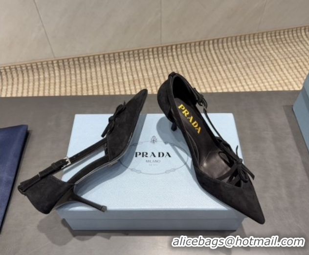 Good Quality Prada Suede Heel Pumps 7.5cm with Bow Buckle Black 2025 PR120602 1206010 2026