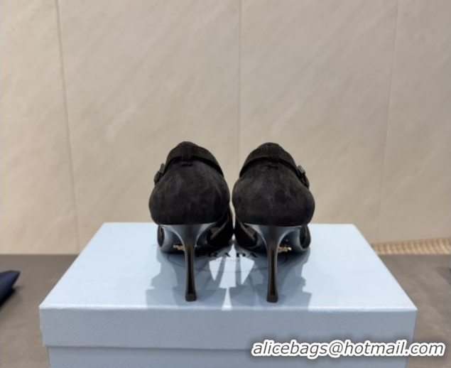 Good Quality Prada Suede Heel Pumps 7.5cm with Bow Buckle Black 2025 PR120602 1206010 2026