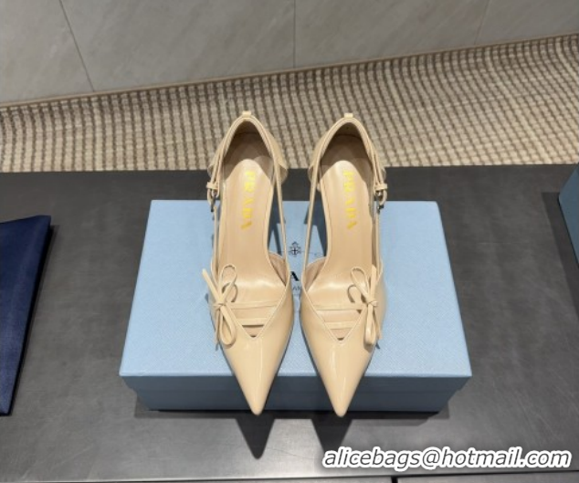Grade Quality Prada Patent Leather Heel Pumps 7.5cm with Bow Buckle Beige PR120602 1206012 2026