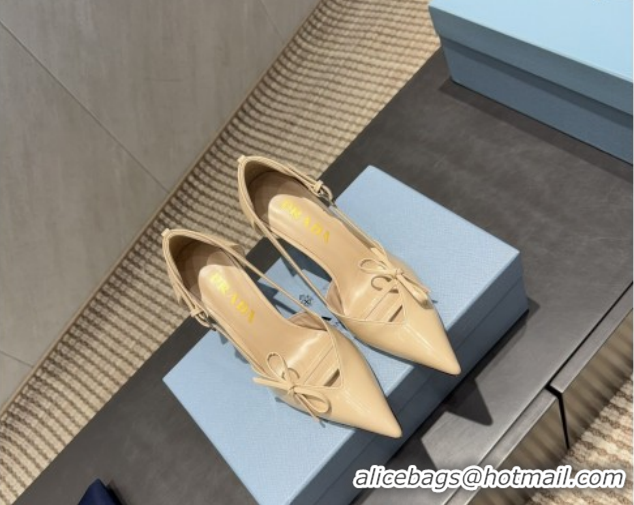 Grade Quality Prada Patent Leather Heel Pumps 7.5cm with Bow Buckle Beige PR120602 1206012 2026
