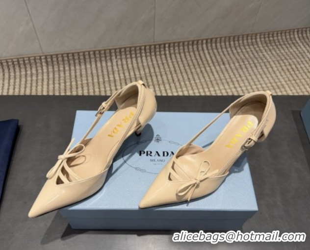 Grade Quality Prada Patent Leather Heel Pumps 7.5cm with Bow Buckle Beige PR120602 1206012 2026