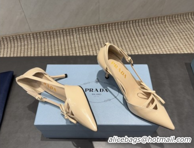 Grade Quality Prada Patent Leather Heel Pumps 7.5cm with Bow Buckle Beige PR120602 1206012 2026