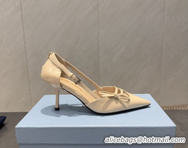 Grade Quality Prada Patent Leather Heel Pumps 7.5cm with Bow Buckle Beige PR120602 1206012 2026