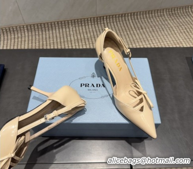 Grade Quality Prada Patent Leather Heel Pumps 7.5cm with Bow Buckle Beige PR120602 1206012 2026
