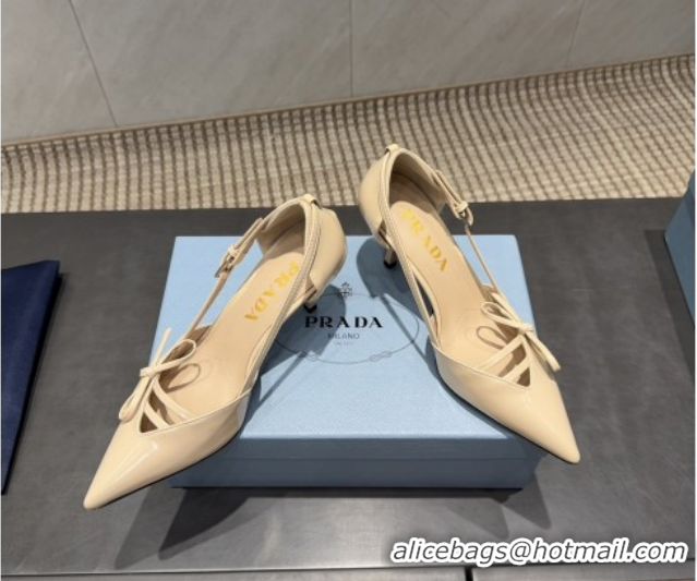 Grade Quality Prada Patent Leather Heel Pumps 7.5cm with Bow Buckle Beige PR120602 1206012 2026