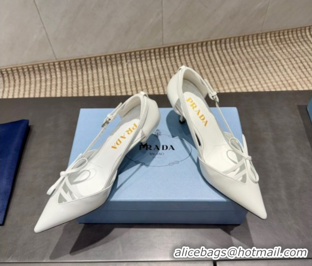 Top Grade Prada Patent Leather Heel Pumps 7.5cm with Bow Buckle White PR120602 1206011 2026