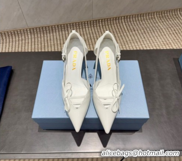 Top Grade Prada Patent Leather Heel Pumps 7.5cm with Bow Buckle White PR120602 1206011 2026