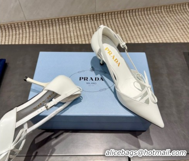 Top Grade Prada Patent Leather Heel Pumps 7.5cm with Bow Buckle White PR120602 1206011 2026