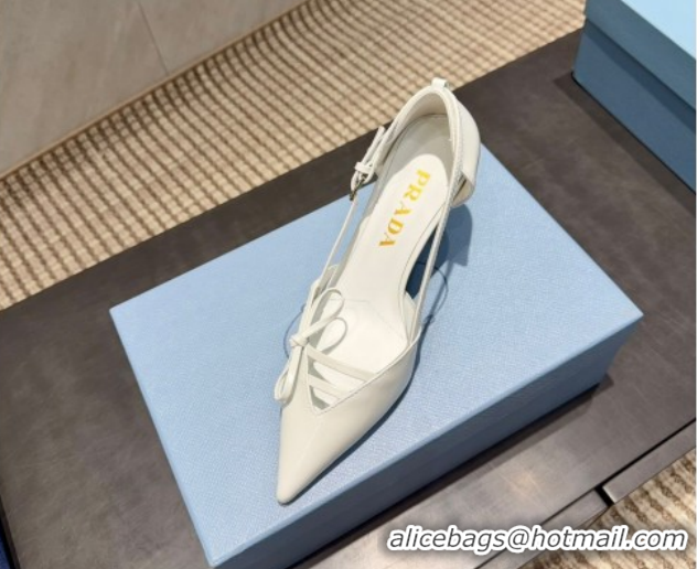 Top Grade Prada Patent Leather Heel Pumps 7.5cm with Bow Buckle White PR120602 1206011 2026